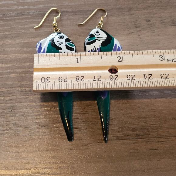 Vintage Green Wooden Tropical Parrot Dangle Earrings - Picture 3 of 5
